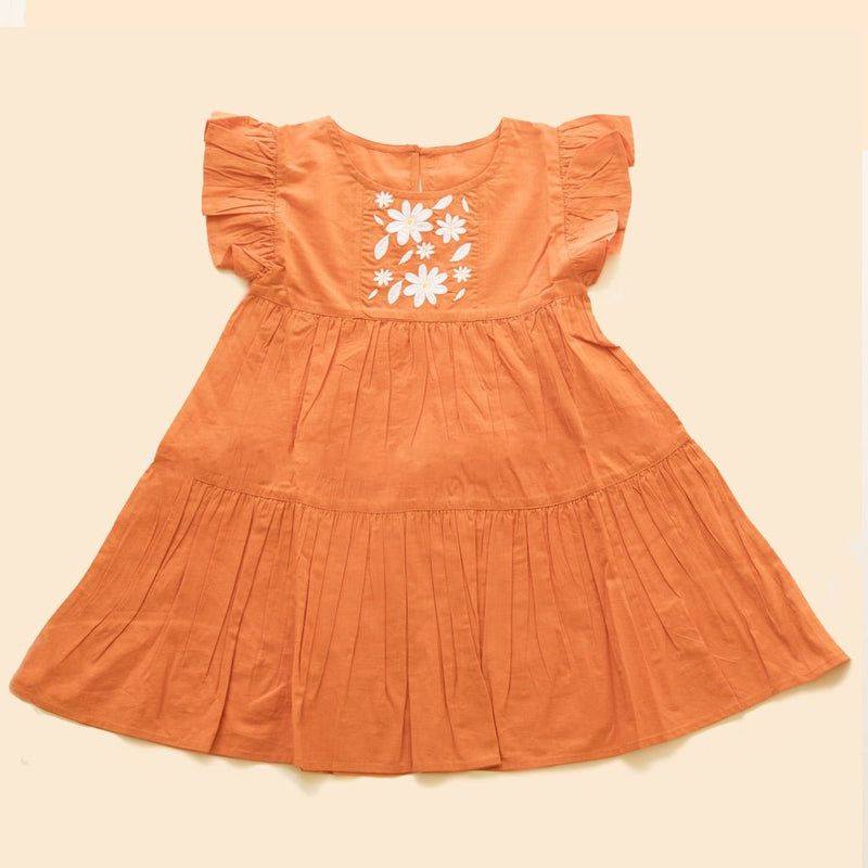 Buy Organic Cotton Flutter Sleeve Embroidered Dress- Orange | Shop Verified Sustainable Kids Frocks & Dresses on Brown Living™