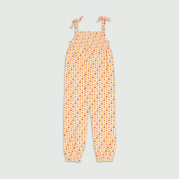 Buy Organic Cotton Smocked Jumpsuit- Indian Flora White | Shop Verified Sustainable Kids Frocks & Dresses on Brown Living™
