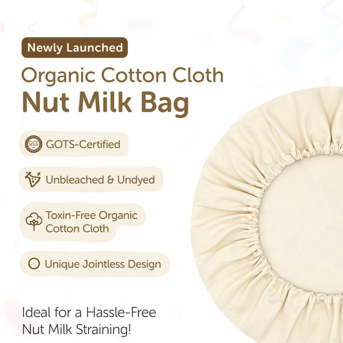 Organic Reusable Cotton Cloth Nut Milk Bag - Liquid Strainer – Kitchen Linens on Brown Living™. SKU: 2HK - OrNMB. Img 3.