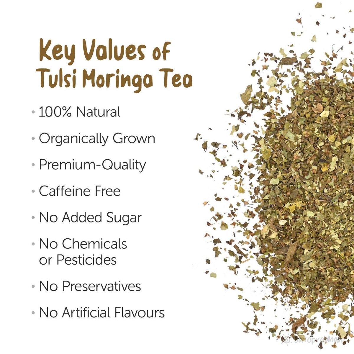 Organic Tulsi Moringa Tea - 25g - Naturally Shade Dried – Tea on Brown Living™. SKU: 1HD - TM25T. Img 2.