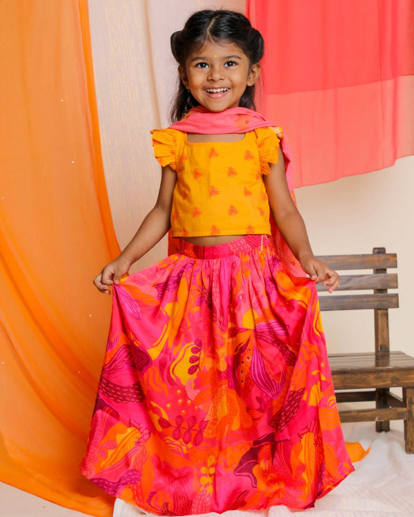 Buy Palash Lehenga Set with Embroidered Dupatta | Pink & Yellow | Shop Verified Sustainable Kids Ethnic Sets on Brown Living™