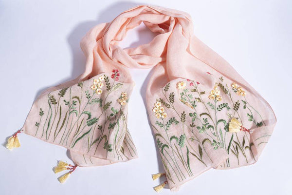 Buy Peach Linen Scarf With 3D Florals & Hand Crafted Tassels | Shop Verified Sustainable Womens Scarf on Brown Living™
