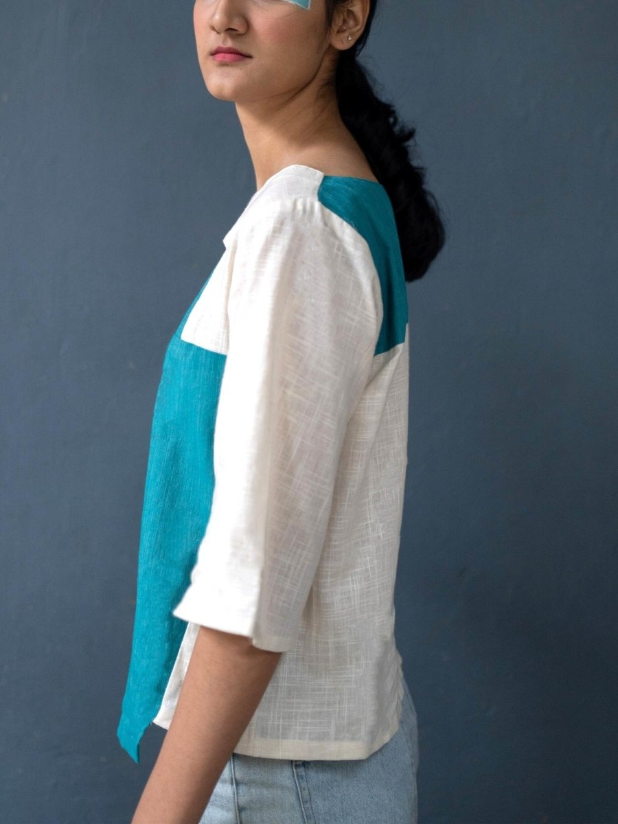 Peek - a - Boo Top | 100% Handwoven Cotton Fabric | Elegant Turquoise and Cream Cotton Top – Womens Top on Brown Living™. SKU: UPB - XS. Img 3.