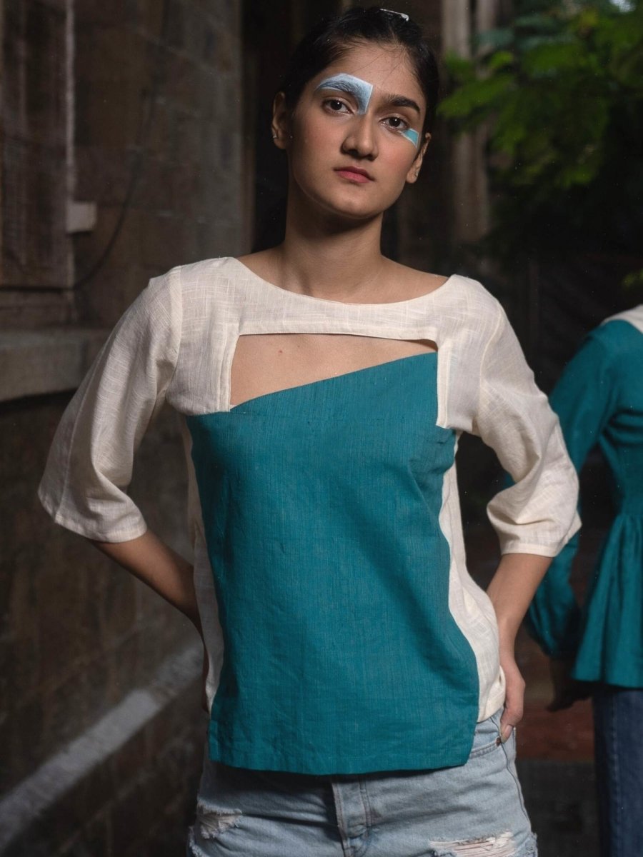 Peek - a - Boo Top | 100% Handwoven Cotton Fabric | Elegant Turquoise and Cream Cotton Top – Womens Top on Brown Living™. SKU: UPB - XS. Img 1.