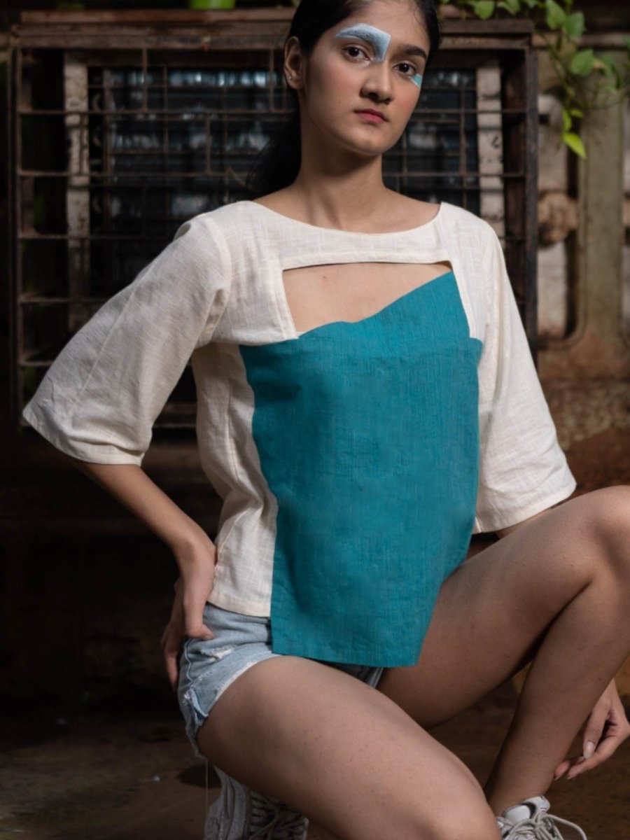 Peek - a - Boo Top | 100% Handwoven Cotton Fabric | Elegant Turquoise and Cream Cotton Top – Womens Top on Brown Living™. SKU: UPB - XS. Img 5.