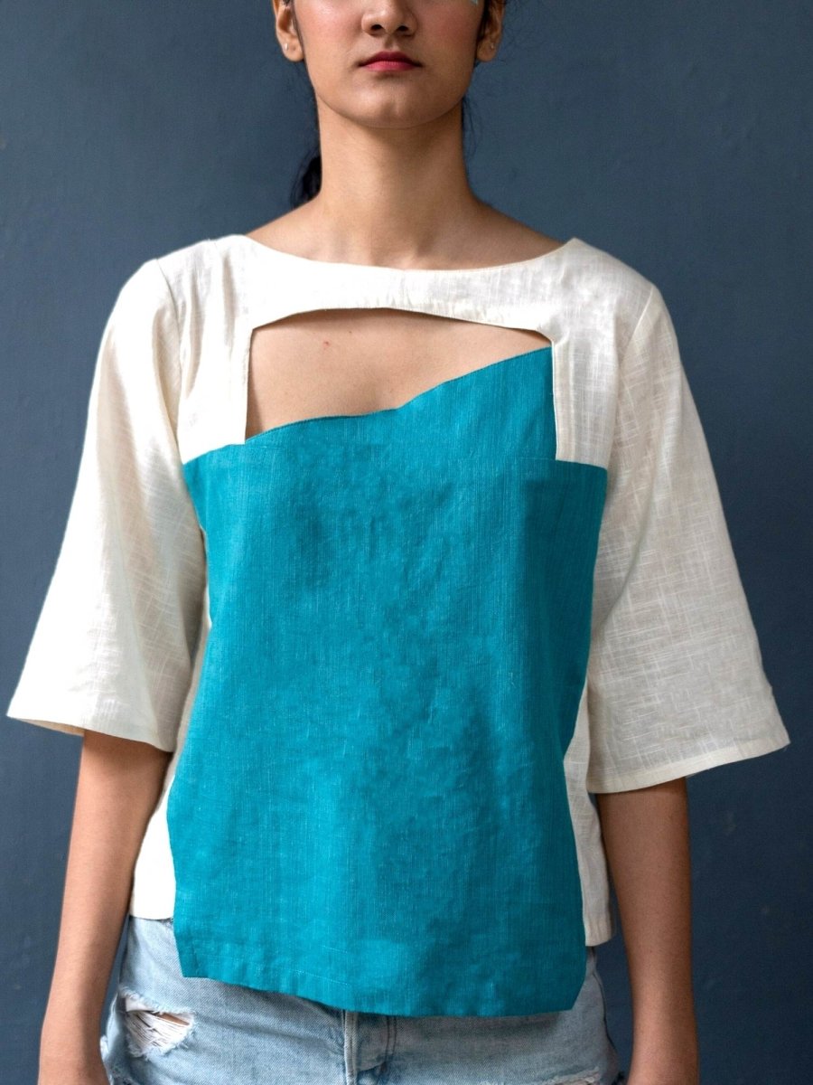 Peek - a - Boo Top | 100% Handwoven Cotton Fabric | Elegant Turquoise and Cream Cotton Top – Womens Top on Brown Living™. SKU: UPB - XS. Img 2.