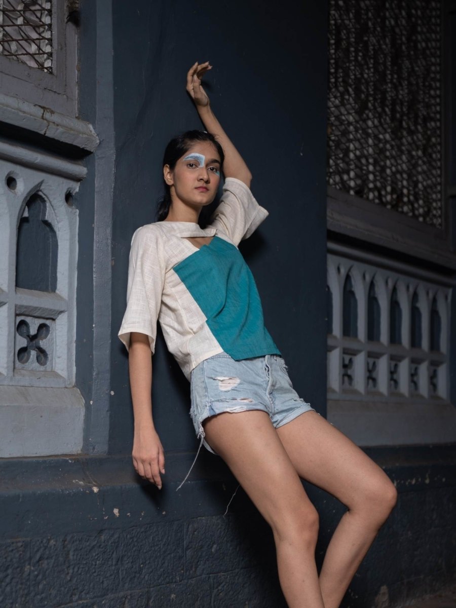 Peek - a - Boo Top | 100% Handwoven Cotton Fabric | Elegant Turquoise and Cream Cotton Top – Womens Top on Brown Living™. SKU: UPB - XS. Img 6.