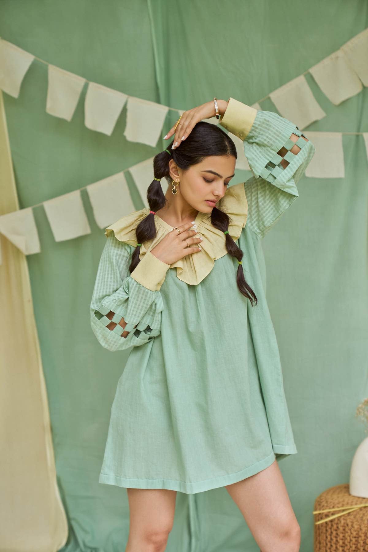 Pesto Mint Detachable Handloom Cotton Dress | Verified Sustainable by Brown Living™