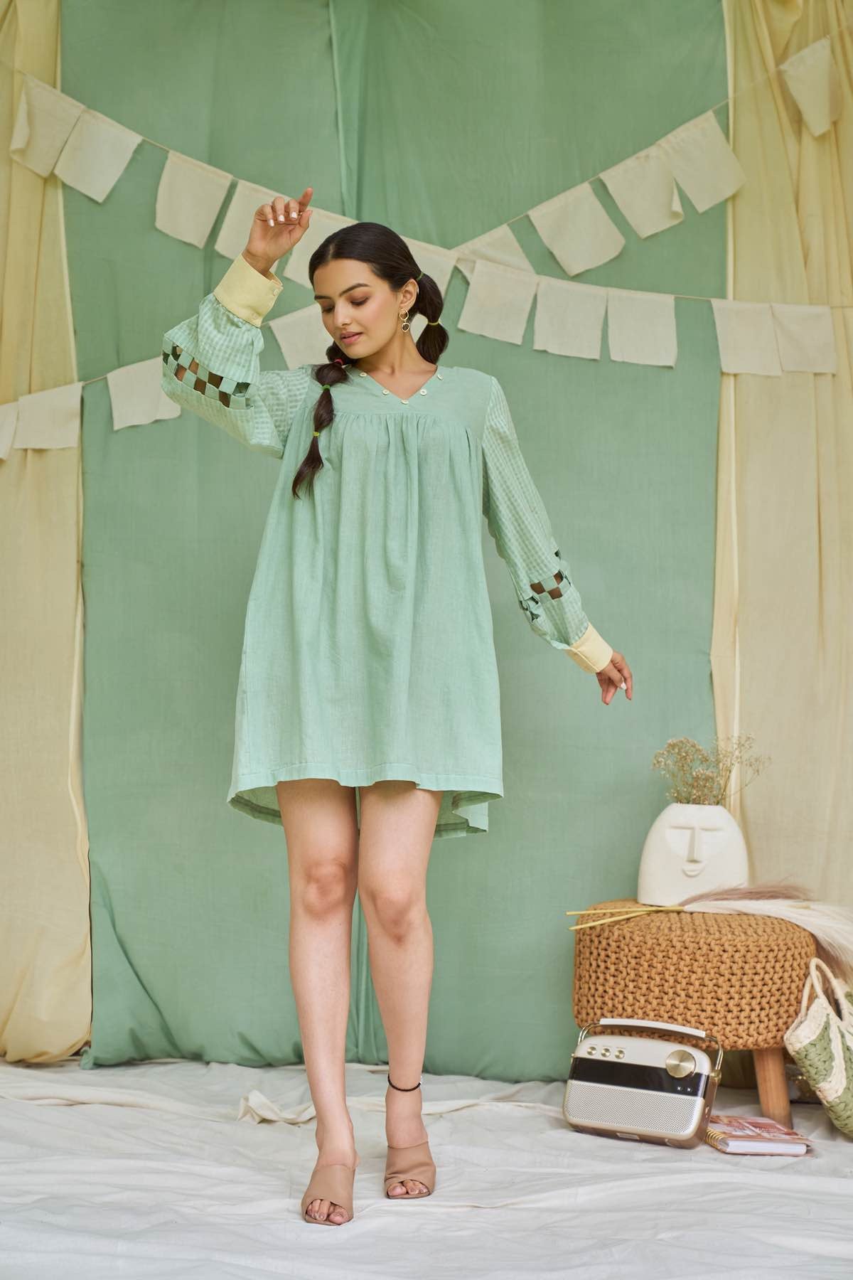 Pesto Mint Detachable Handloom Cotton Dress | Verified Sustainable by Brown Living™