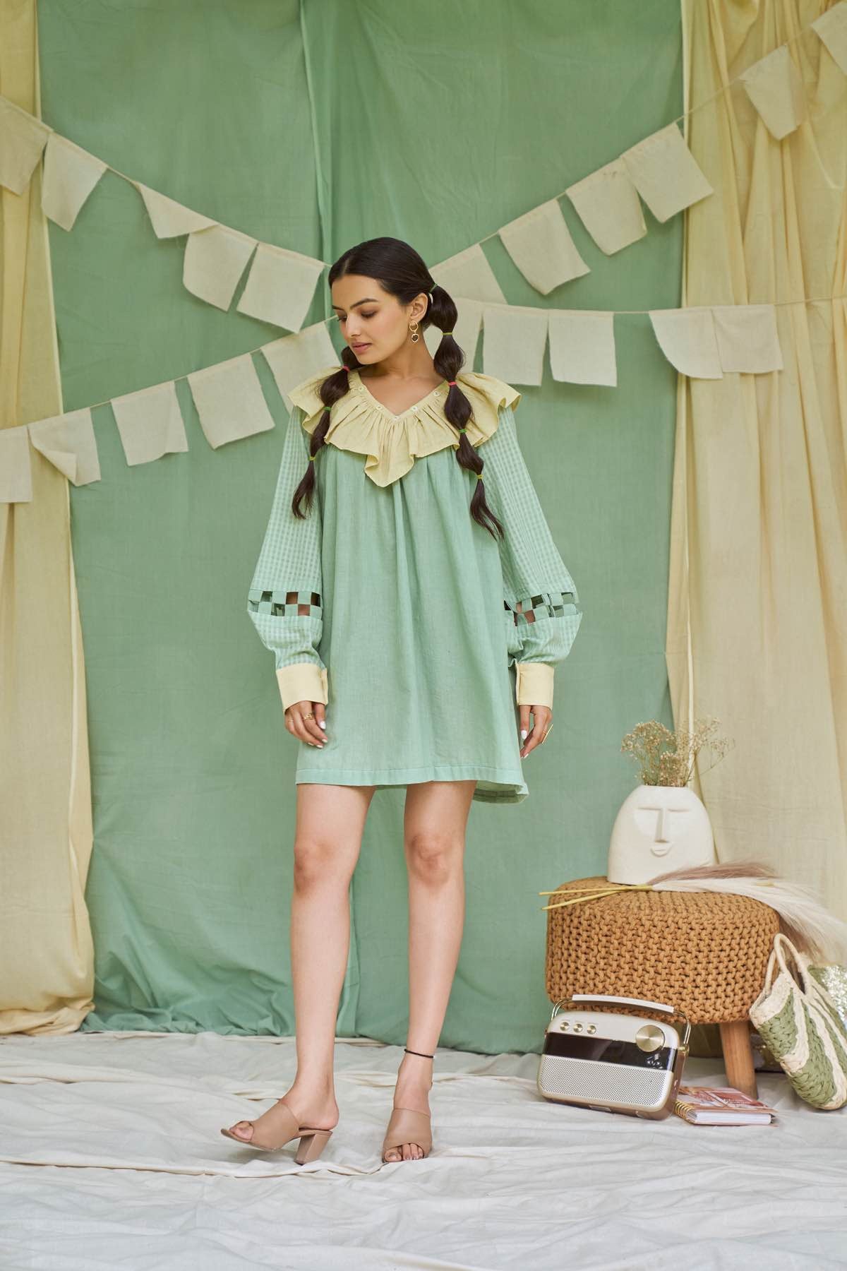 Pesto Mint Detachable Handloom Cotton Dress by The Conscious Closet Brown Living Pesto Mint Detachable Handloom Cotton Dress by The Conscious Closet Brown Living