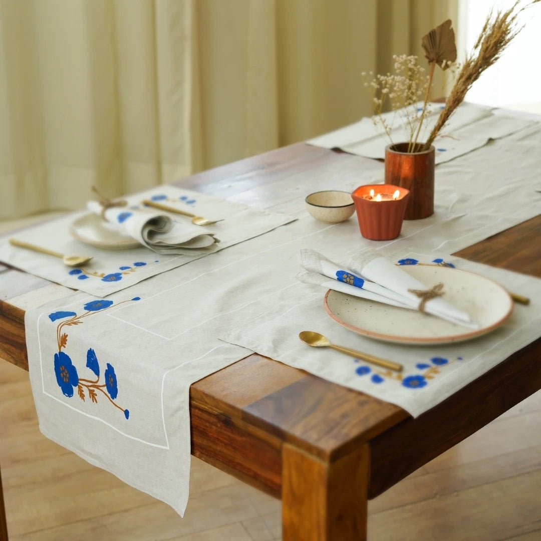 Pure Hemp Table Runner with Floral Detailing| LIMITED EDITION – Table Linens on Brown Living™. SKU: PRA026TR_24BL9215. Img 2.