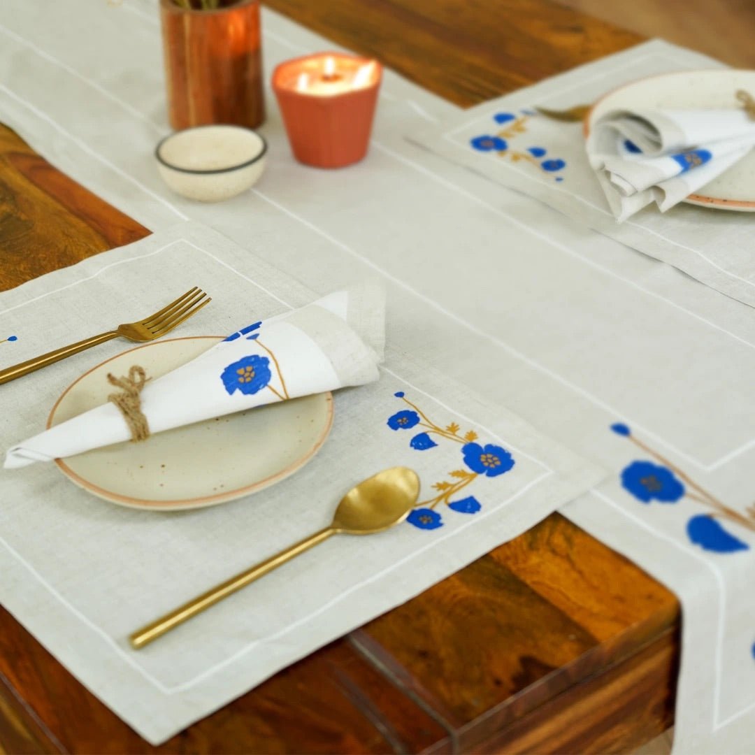 Pure Hemp Table Runner with Floral Detailing| LIMITED EDITION – Table Linens on Brown Living™. SKU: PRA026TR_24BL9215. Img 1.