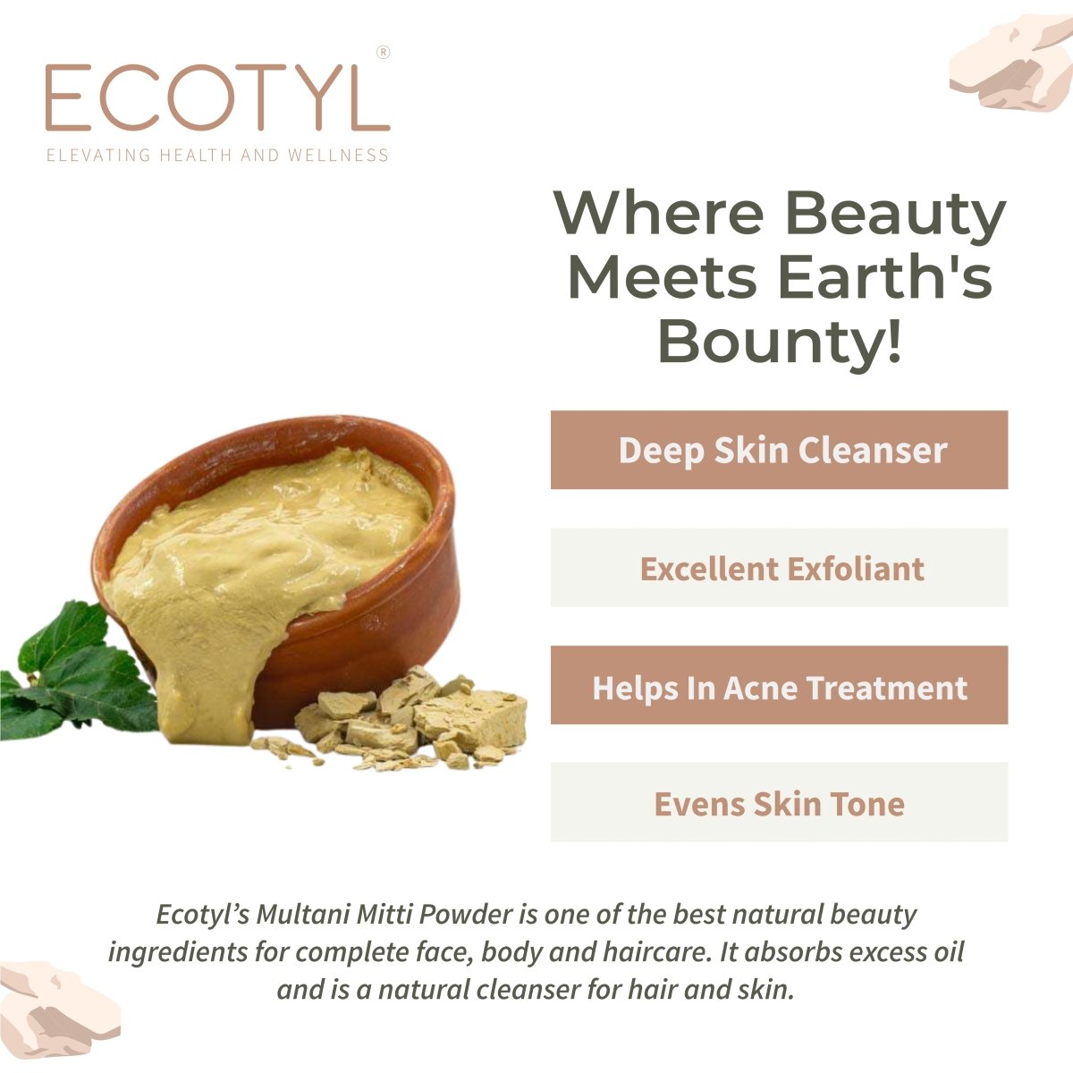 Pure Multani Mitti Face Pack for Exfoliation & Clear Skin - 150g – Body Bathing Powder on Brown Living™. SKU: EEFMMSQG150. Img 2.