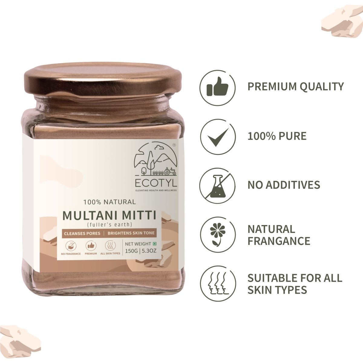 Pure Multani Mitti Face Pack for Exfoliation & Clear Skin - 150g – Body Bathing Powder on Brown Living™. SKU: EEFMMSQG150. Img 3.
