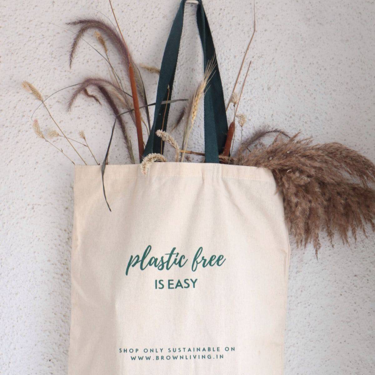 Reusable Cotton Tote Bag - Plastic Free Is Easy - Off White | Verified Sustainable by Brown Living™