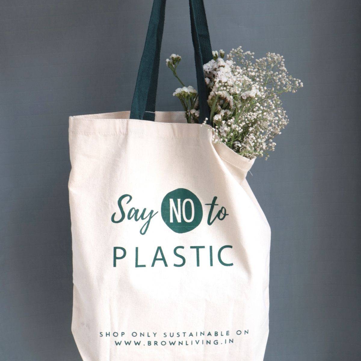 Reusable Cotton Tote Bag - Say No To Plastic - Off White – Tote Bag on Brown Living™. SKU: BL - 5. Img 2.