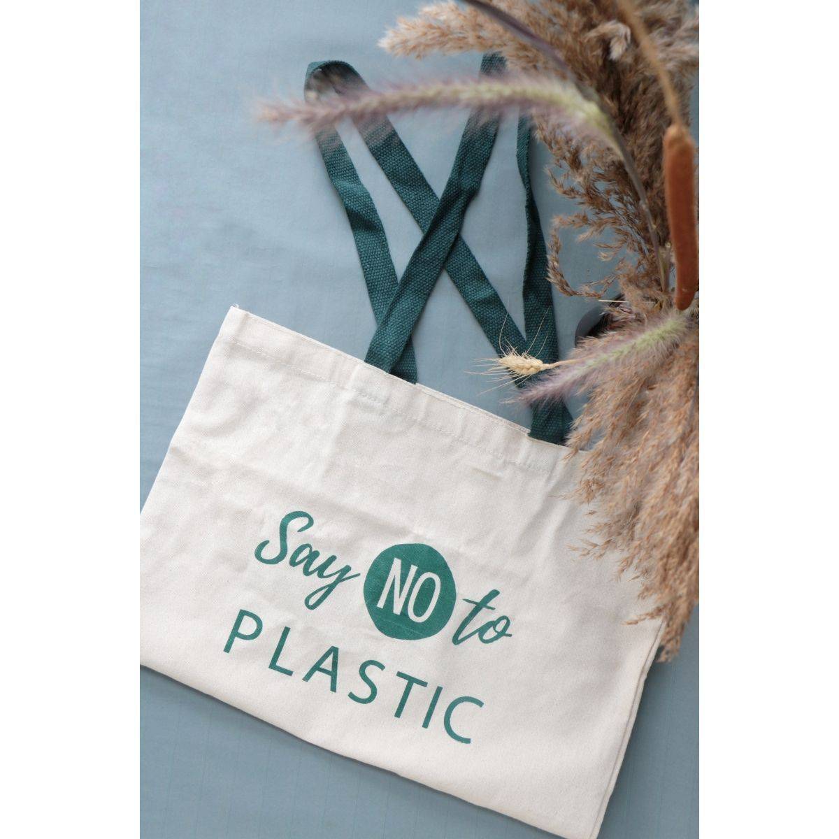 Reusable Cotton Tote Bag - Say No To Plastic - Off White – Tote Bag on Brown Living™. SKU: BL - 5. Img 4.