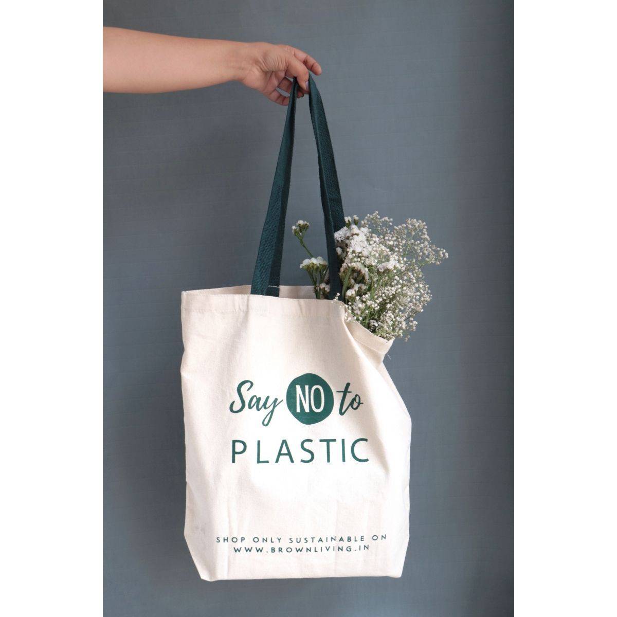 Reusable Cotton Tote Bag - Say No To Plastic - Off White – Tote Bag on Brown Living™. SKU: BL - 5. Img 1.