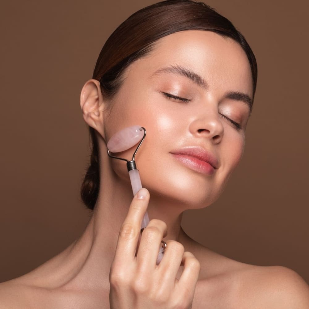 Rose Quartz Roller+ Gua Sha – Massager on Brown Living™. SKU: OEP261. Img 6.