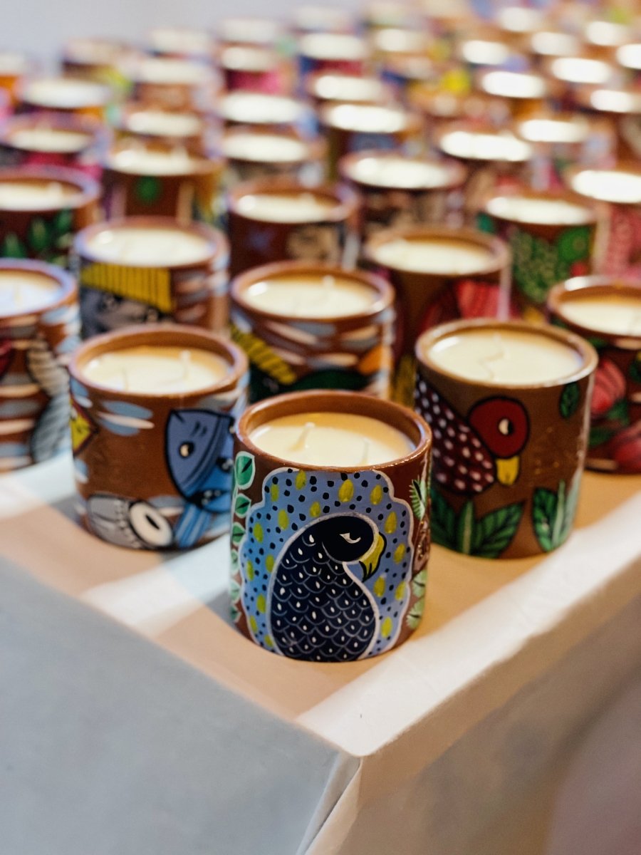 Scented Soy wax Candles | Folk art on Terracotta Jar | Pack of 3 - Single Wick (Small) | Verified Sustainable by Brown Living™