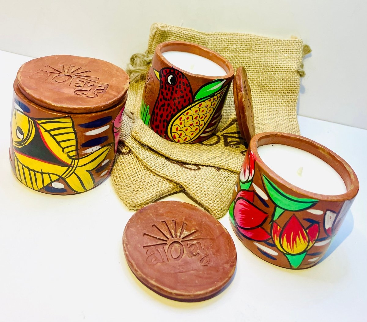 Scented Soy wax Candles | Folk art on Terracotta Jar | Pack of 3 - Single Wick (Small) | Verified Sustainable by Brown Living™