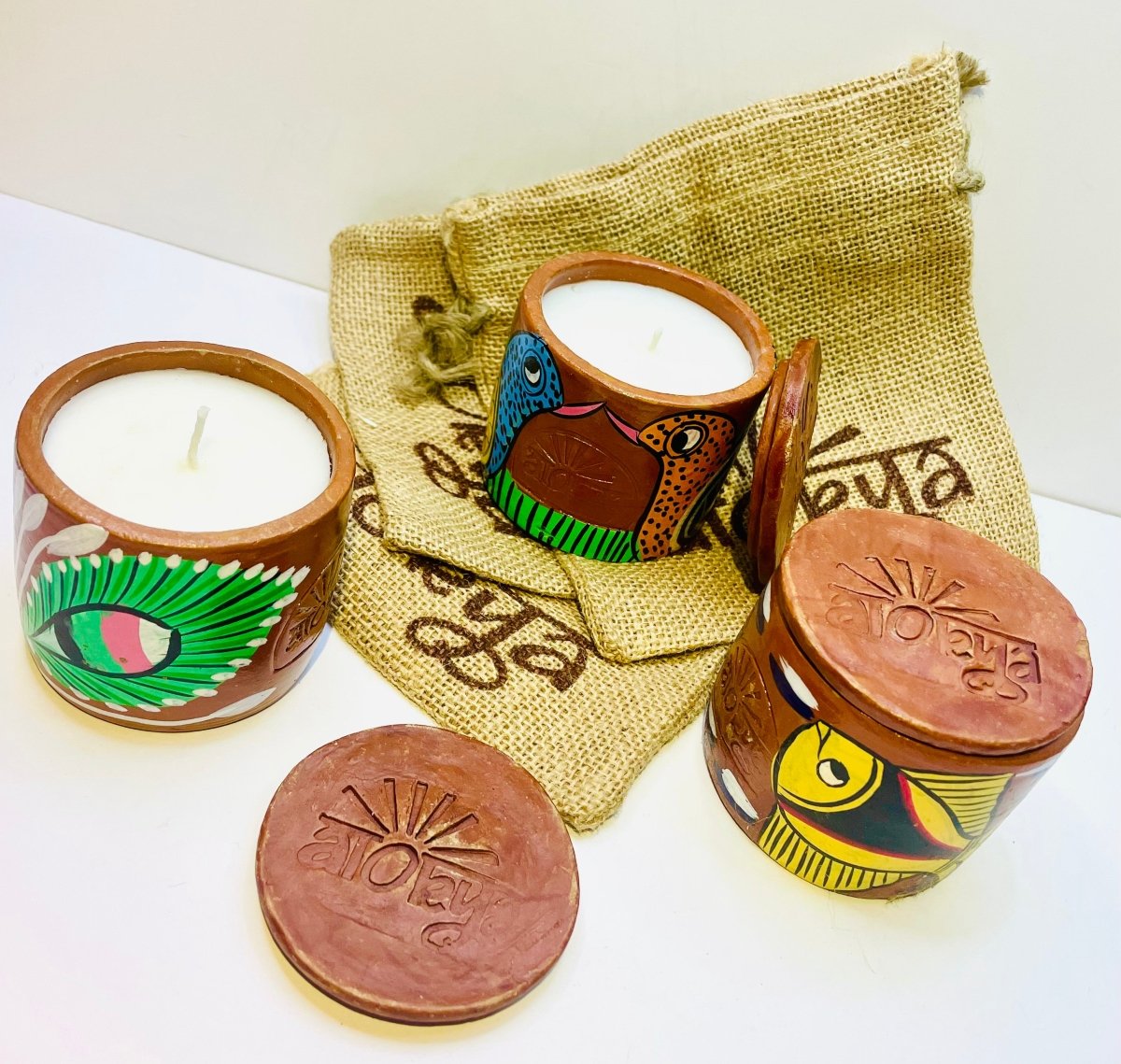 Scented Soy wax Candles | Folk art on Terracotta Jar | Pack of 3 - Single Wick (Small) | Verified Sustainable by Brown Living™