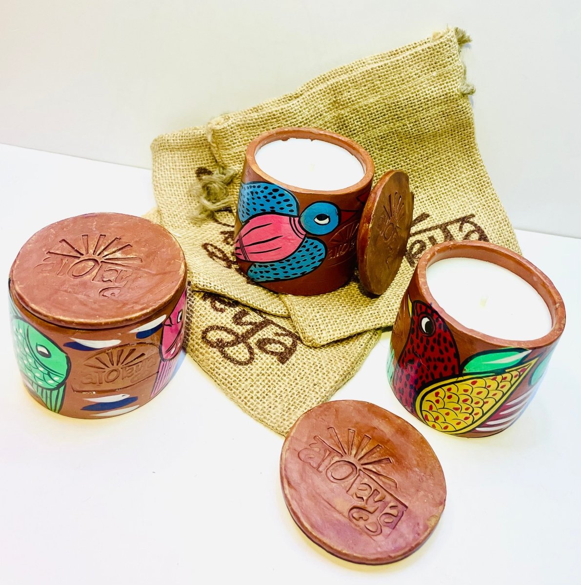 Scented Soy wax Candles | Folk art on Terracotta Jar | Pack of 3 - Single Wick (Small) | Verified Sustainable by Brown Living™