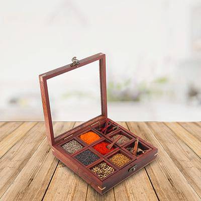 Sheesham Wooden Spice Box | Masala Dabba with 9 Containers – Kitchen Organizers on Brown Living™. SKU: 1042400. Img 1.
