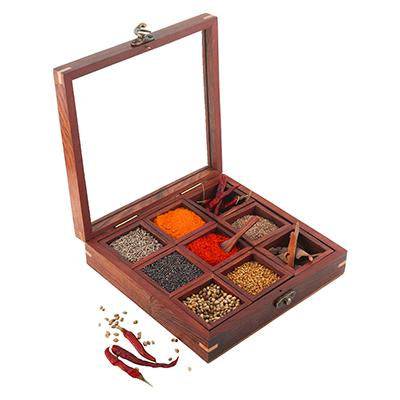 Sheesham Wooden Table Top Spice Box Masala Dabba Namak Dani – Kitchen Organizers on Brown Living™. SKU: 1042399. Img 2.