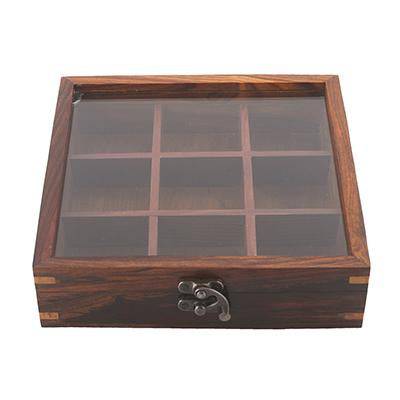 Sheesham Wood 9 Compartment Multipurpose Spice Box with Spoon – Kitchen Organizers on Brown Living™. SKU: 1167. Img 1.