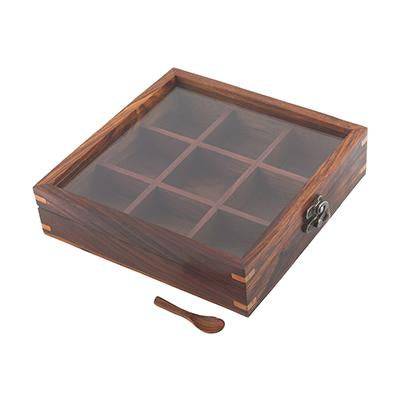 Sheesham Wood 9 Compartment Multipurpose Spice Box with Spoon – Kitchen Organizers on Brown Living™. SKU: 1167. Img 2.
