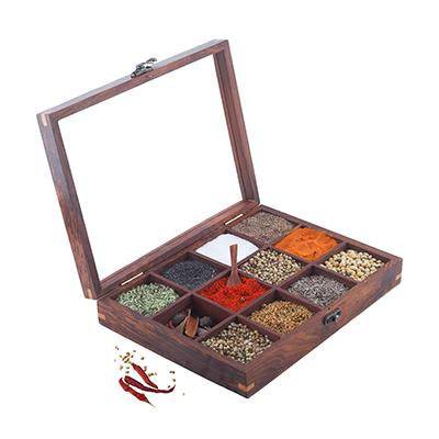 Sheesham Wood table top 12 Compartment Spice Box with Spoon – Kitchen Organizers on Brown Living™. SKU: 1166. Img 2.