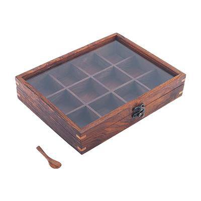 Sheesham Wood table top 12 Compartment Spice Box with Spoon – Kitchen Organizers on Brown Living™. SKU: 1166. Img 4.