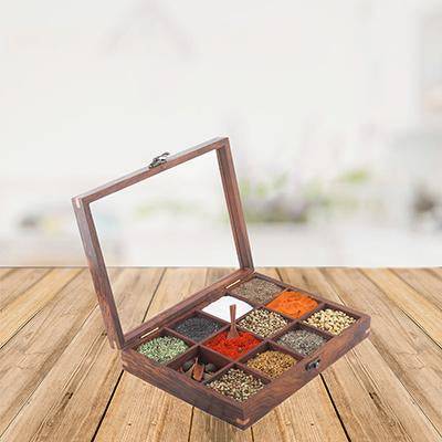 Sheesham Wood table top 12 Compartment Spice Box with Spoon – Kitchen Organizers on Brown Living™. SKU: 1166. Img 1.