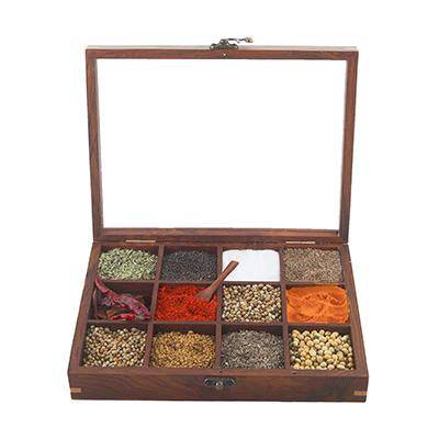 Sheesham Wood table top 12 Compartment Spice Box with Spoon – Kitchen Organizers on Brown Living™. SKU: 1166. Img 6.