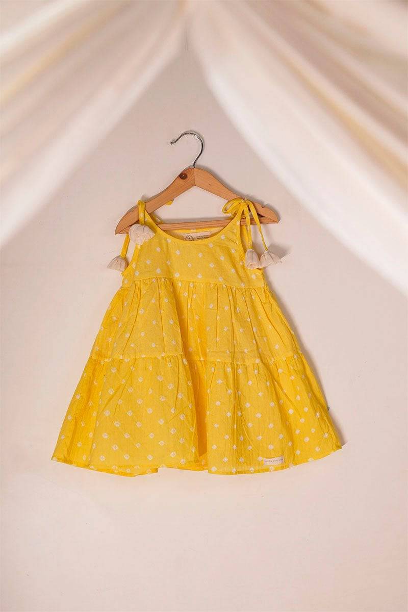 Buy Song In Your Heart Yellow Bandhani Infant Baby Cotton Sleeveless Tiered Dress Online on Brown Living Kids Frocks Dresses