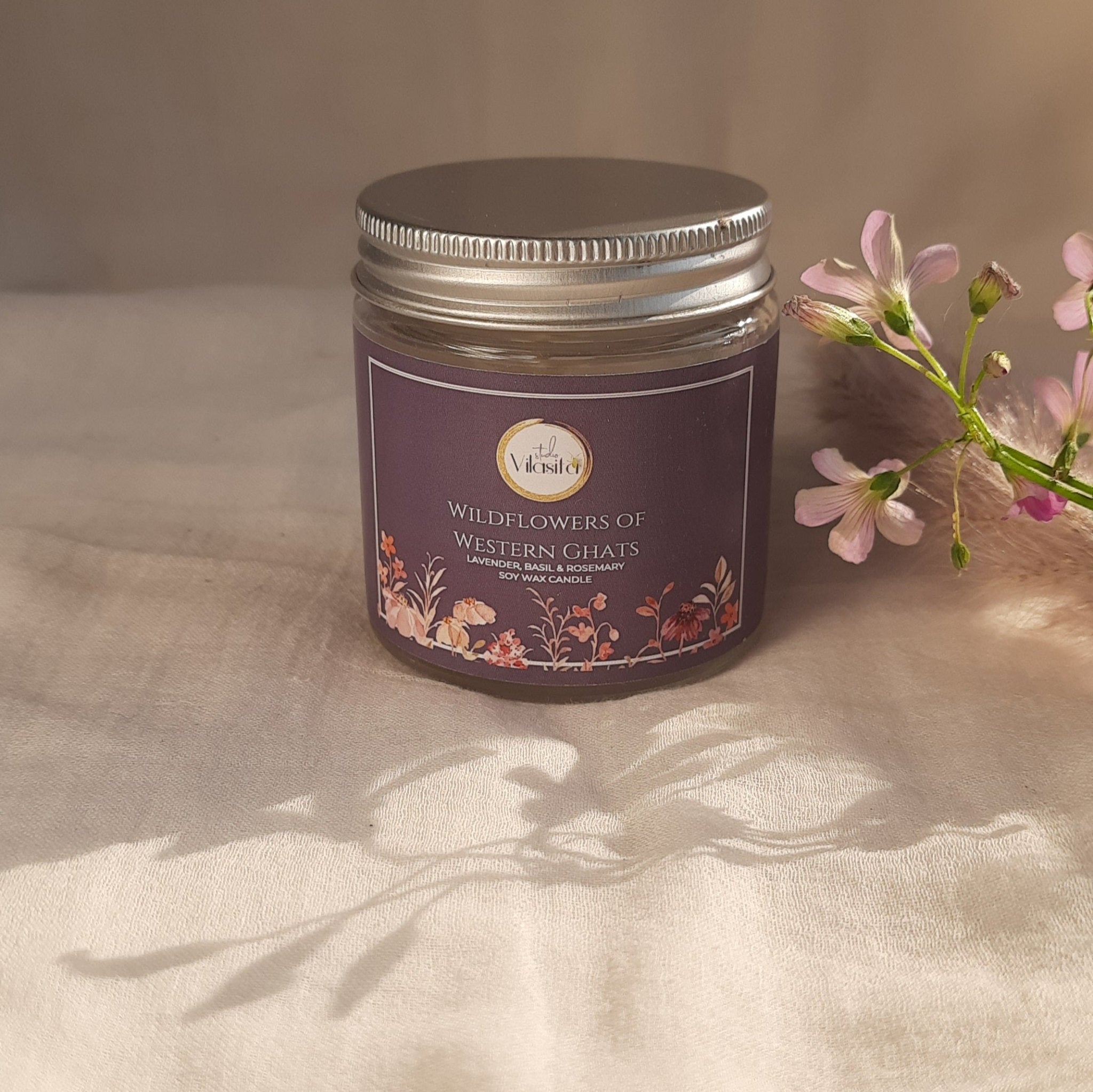 Soy Wax Candle - Wildflowers of Western Ghats | Lavender, Rosemary & Basil – Candles & Fragrances on Brown Living™. SKU: WILSOY60 16. Img 2.