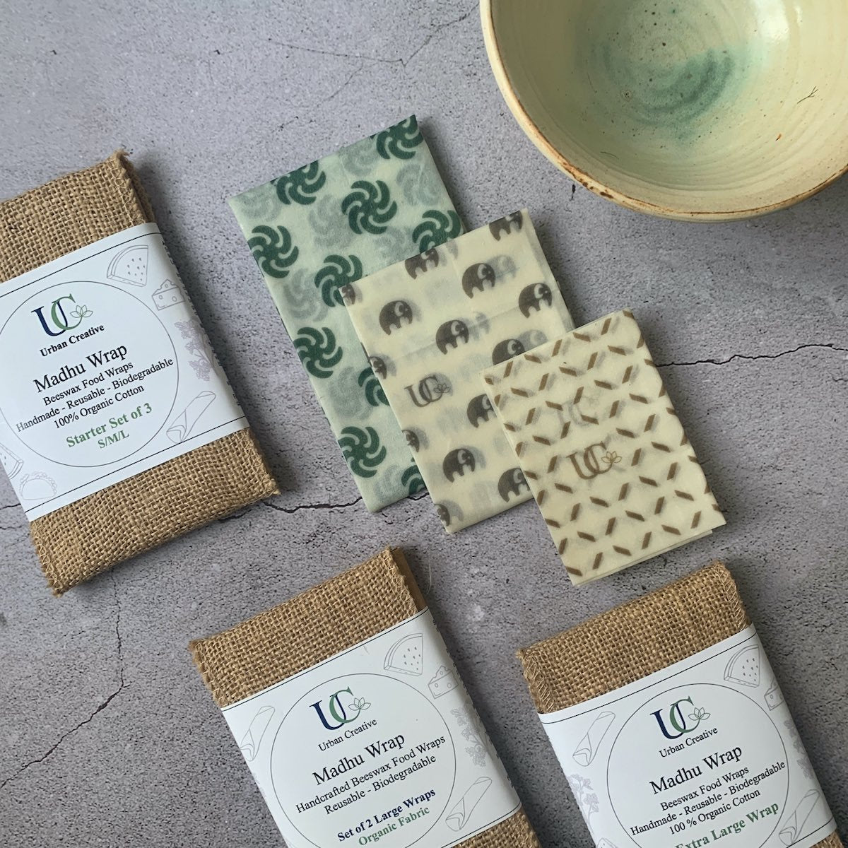 Madhu Wrap Reusable Beeswax Wraps Starter Set of 3Assorted (S/M/L) – Food Wraps on Brown Living™. SKU: UC - 54 - MWS3. Img 3.