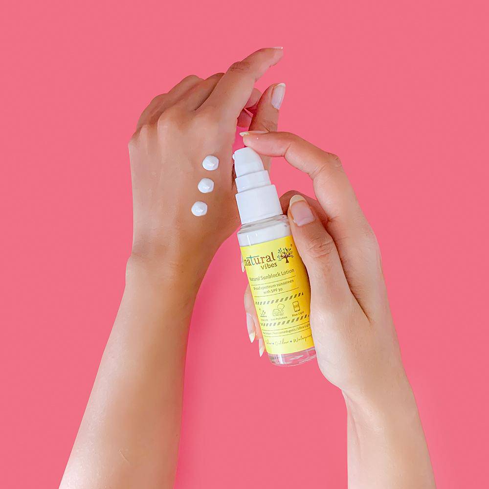 Sunscreen Lotion with SPF 30 - Indoor, Outdoor & Water Resistant - 30ml – Sunscreen Lotion by Natural Vibes available on Brown Living™. . SKU: 063 - 13172 - NV_sunblock_lotion_30ml. Img 3.
