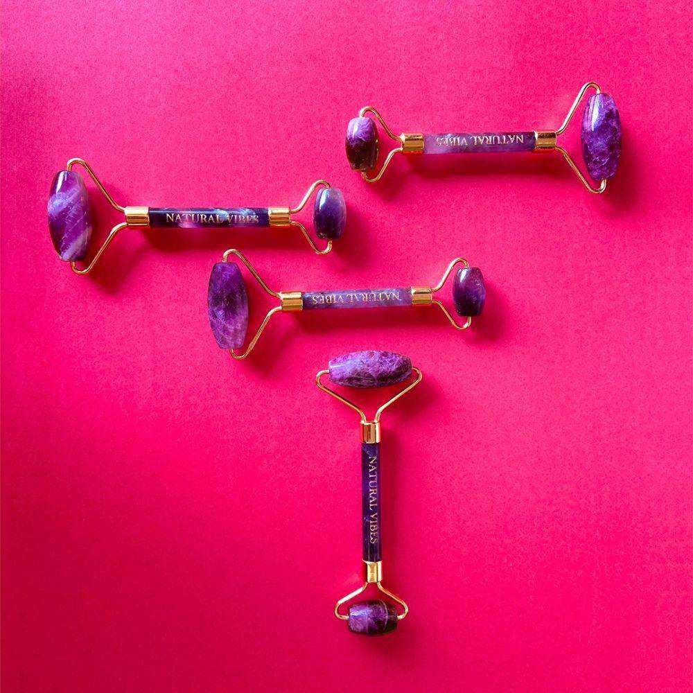 Amethyst Roller & Massager for Face, Neck and Under eye with FREE Gold Beauty Elixir Oil – Massager by Natural Vibes available on Brown Living™. . SKU: 063 - 05467 - NV_Amethyst_Roller_oil. Img 7.