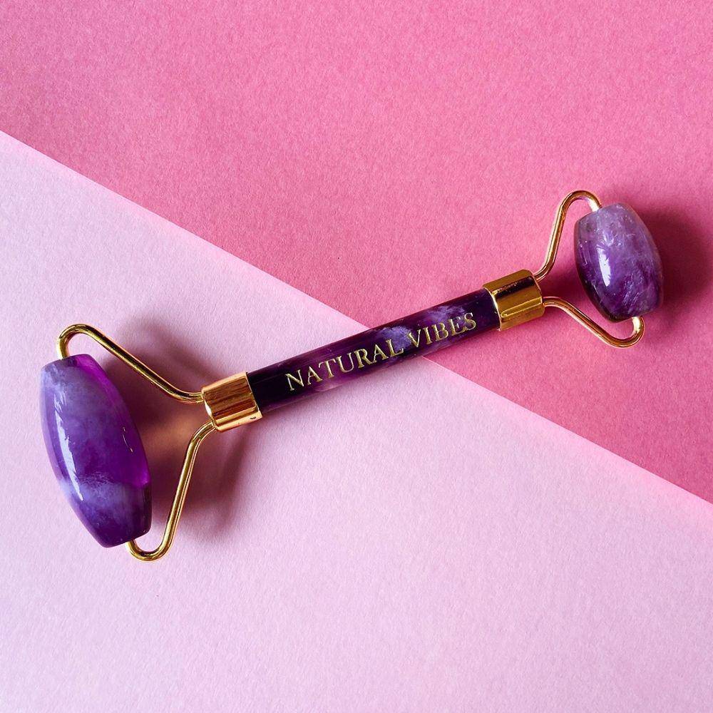 Amethyst Roller & Massager for Face, Neck and Under eye with FREE Gold Beauty Elixir Oil – Massager by Natural Vibes available on Brown Living™. . SKU: 063 - 05467 - NV_Amethyst_Roller_oil. Img 9.