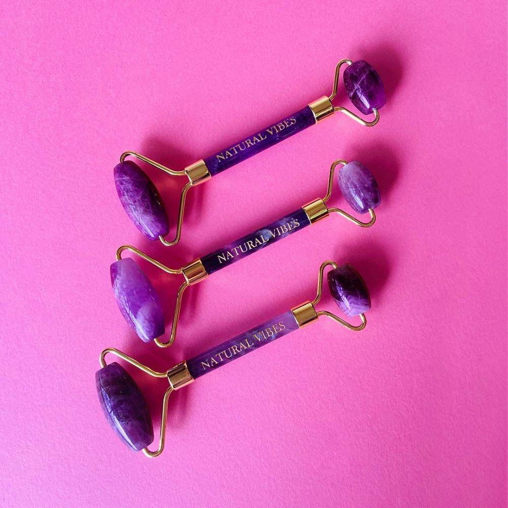 Amethyst Roller & Massager for Face, Neck and Under eye with FREE Gold Beauty Elixir Oil – Massager by Natural Vibes available on Brown Living™. . SKU: 063 - 05467 - NV_Amethyst_Roller_oil. Img 5.