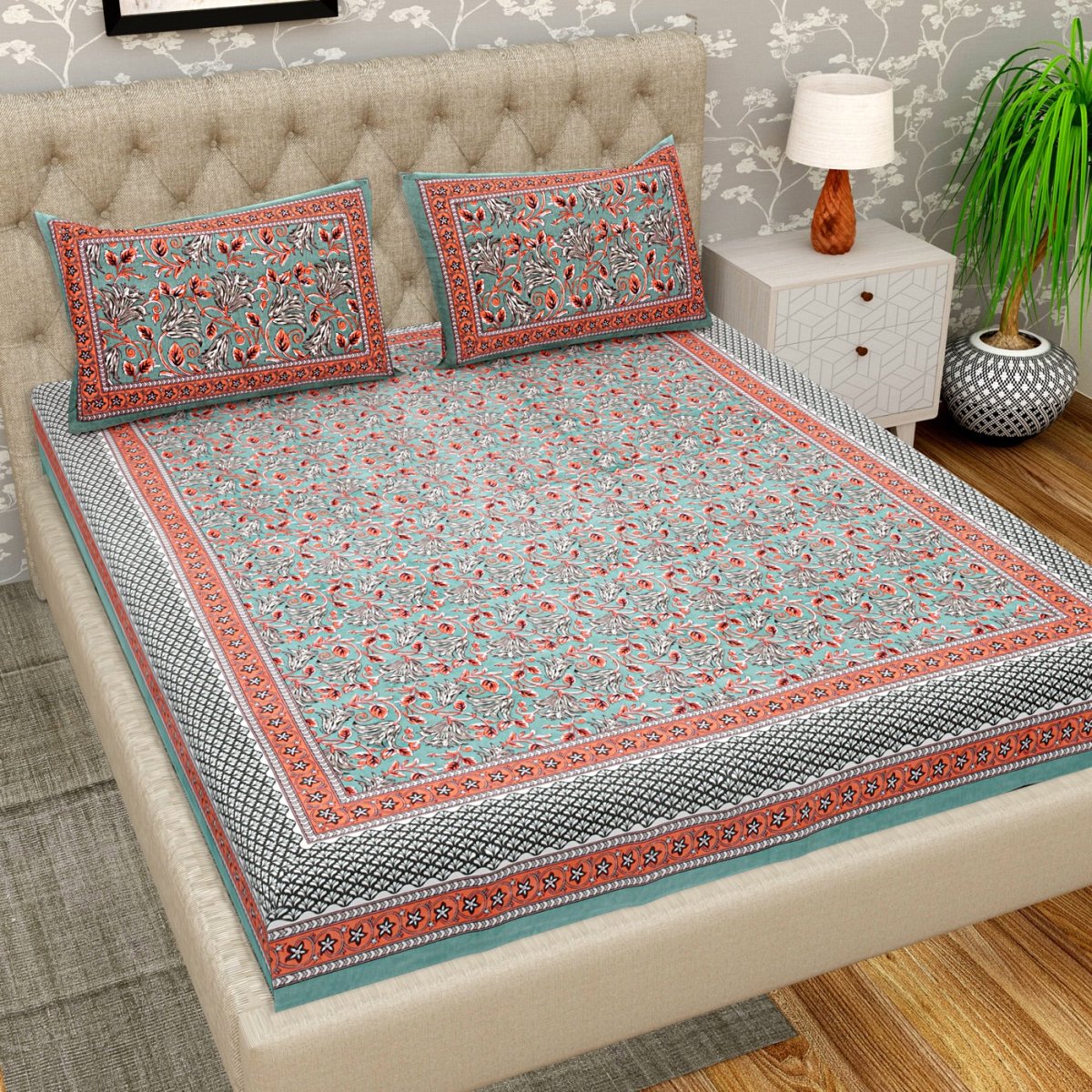 Teal Floral Print Pure Cotton King Size Bedsheet with 2 Pillow Covers | Verified Sustainable by Brown Living™
