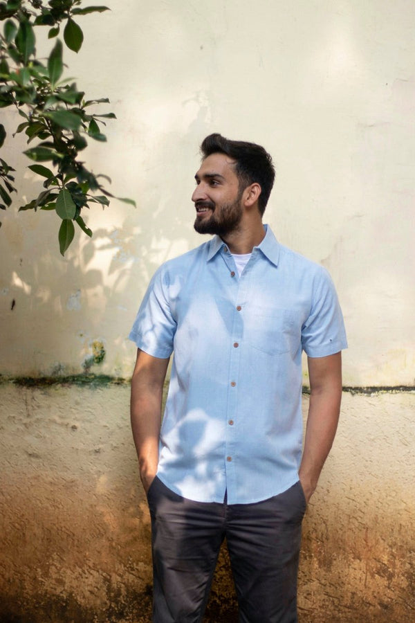 Buy TENCEL™ Lyocell-Linen Half Sleeve Shirt in Ice Blue | Shop Verified Sustainable Mens Shirt on Brown Living™
