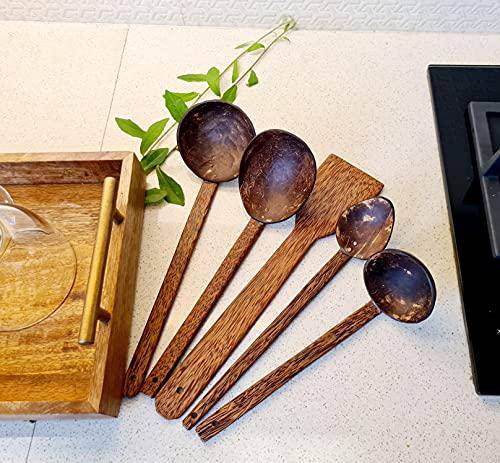 Traditional Coconut Shell & Wood Cooking Set - a Spatula, a Large Spoon & 3 Size Ladles – Cookware on Brown Living™. SKU: 173 - 07961 - thenga - traditional - coconut - shell - wood - cooking. Img 1.