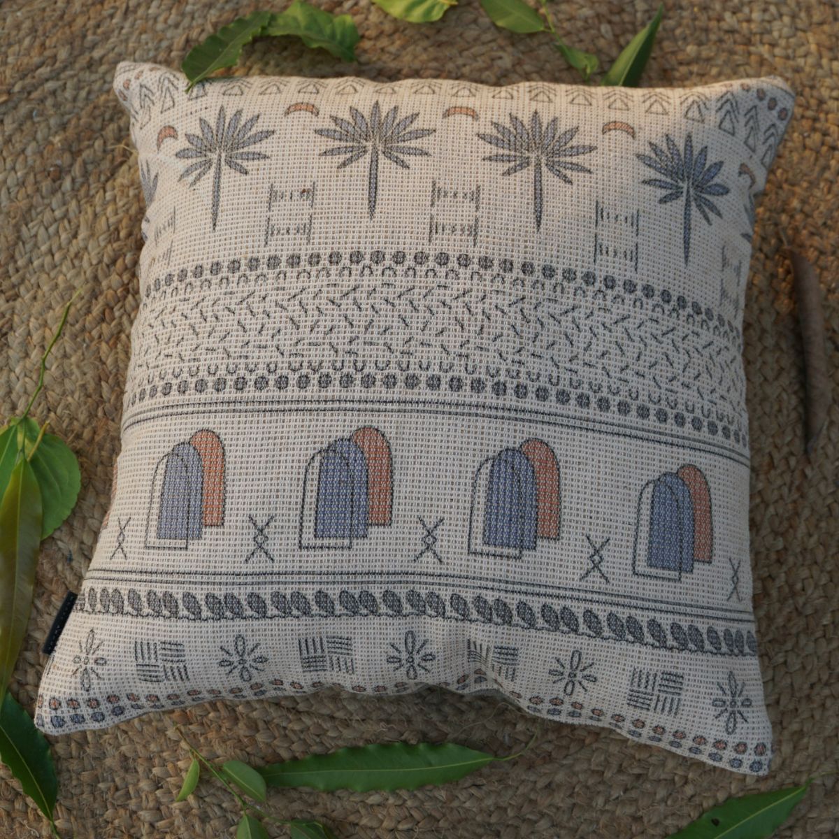 Tribal Treasure Printed Jute Boho Cushion Cover 18X18 inches | Verified Sustainable by Brown Living™