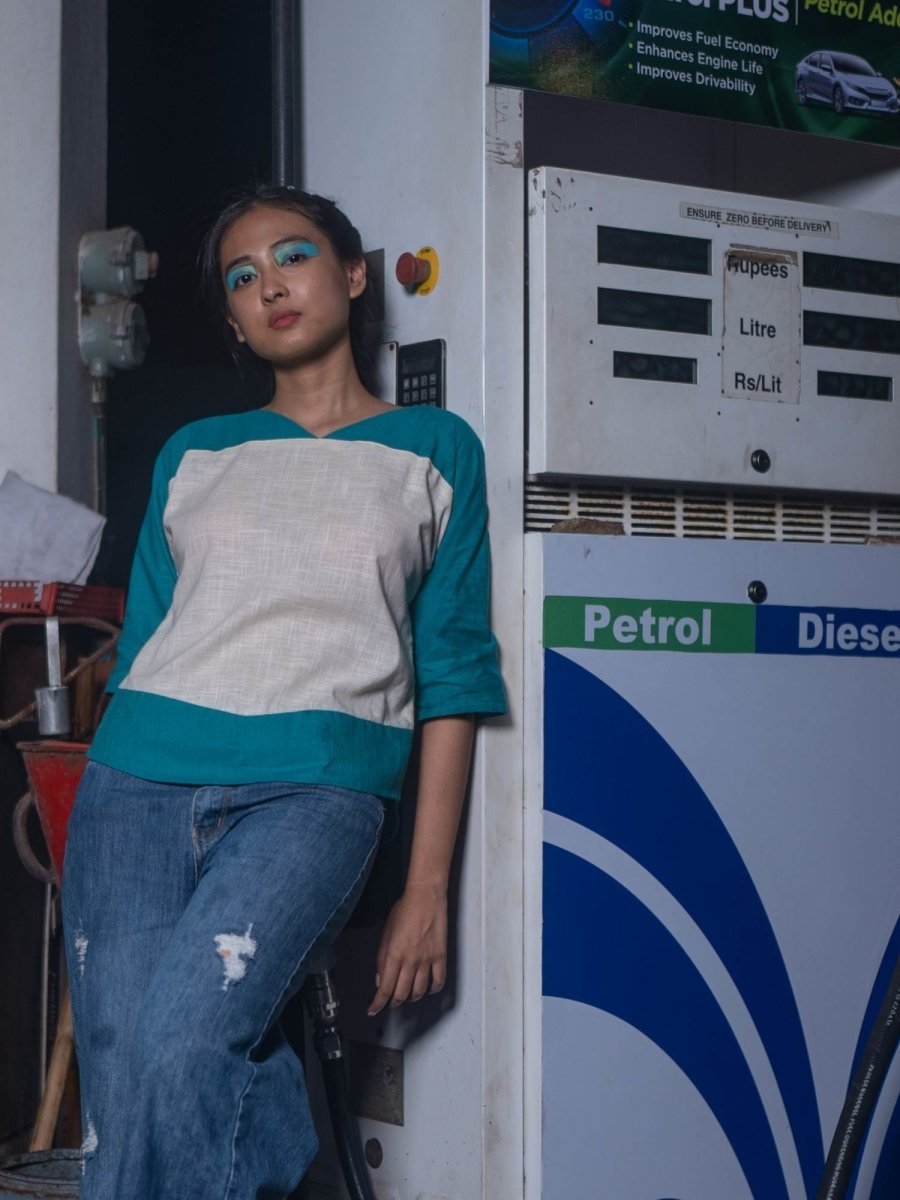 Two Shade Top | 100% Handwoven Cotton Fabric – Womens Top on Brown Living™. SKU: UTS - XS. Img 5.