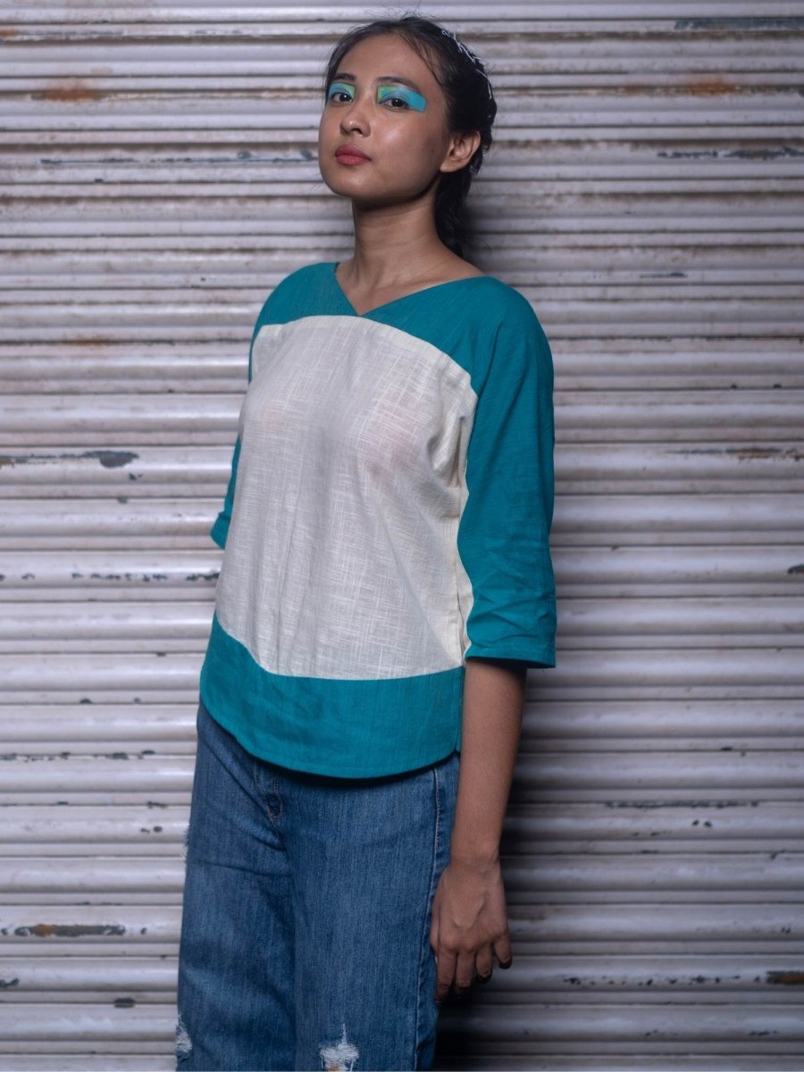 Two Shade Top | 100% Handwoven Cotton Fabric – Womens Top on Brown Living™. SKU: UTS - XS. Img 2.