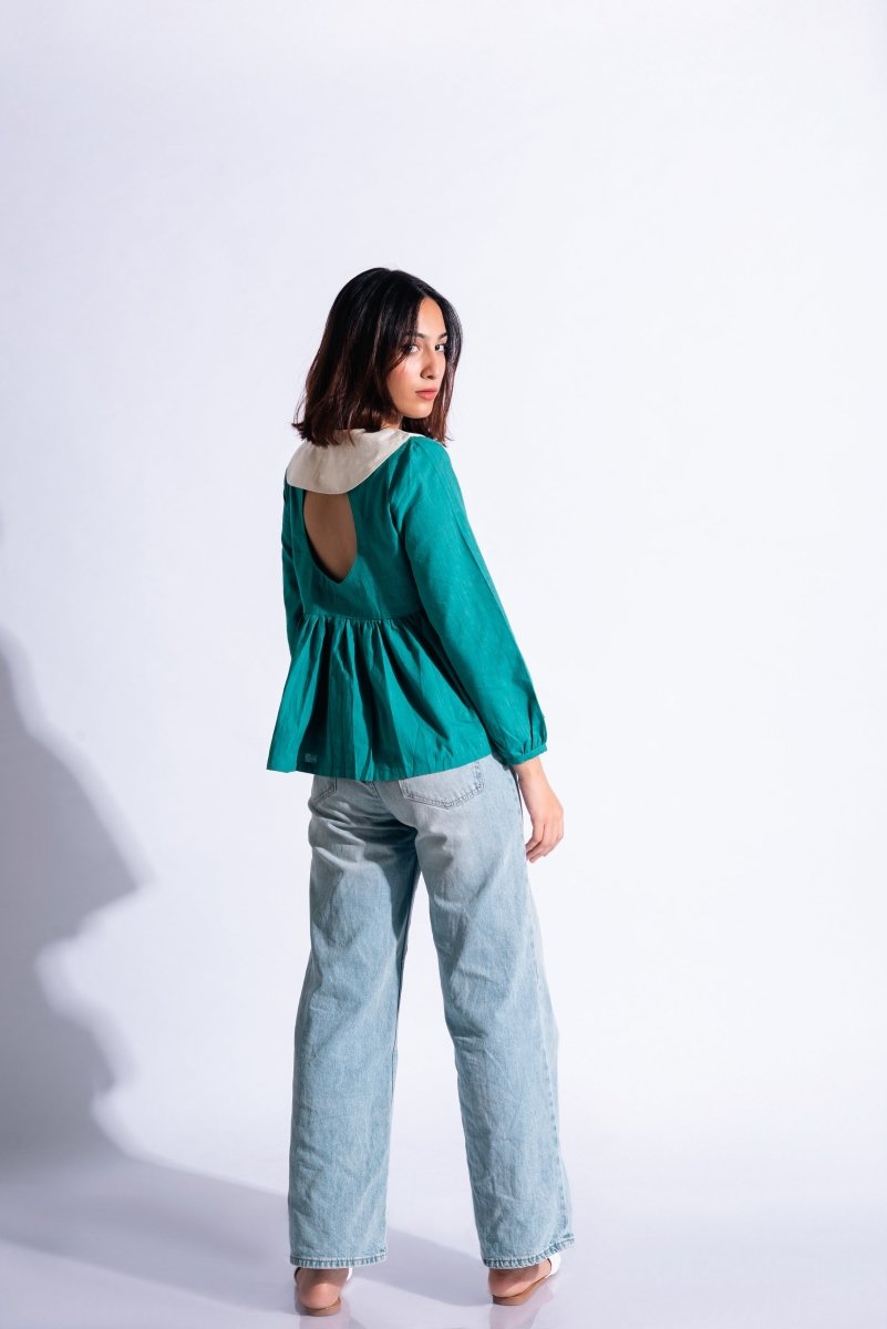 UFO Top | 100% Handwoven Cotton Fabric | Turquoise & Cream Peplum & Sailor Collar | Verified Sustainable by Brown Living™