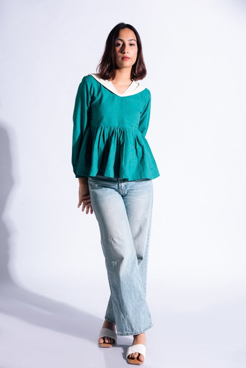 UFO Top | 100% Handwoven Cotton Fabric | Turquoise & Cream Peplum & Sailor Collar | Verified Sustainable by Brown Living™